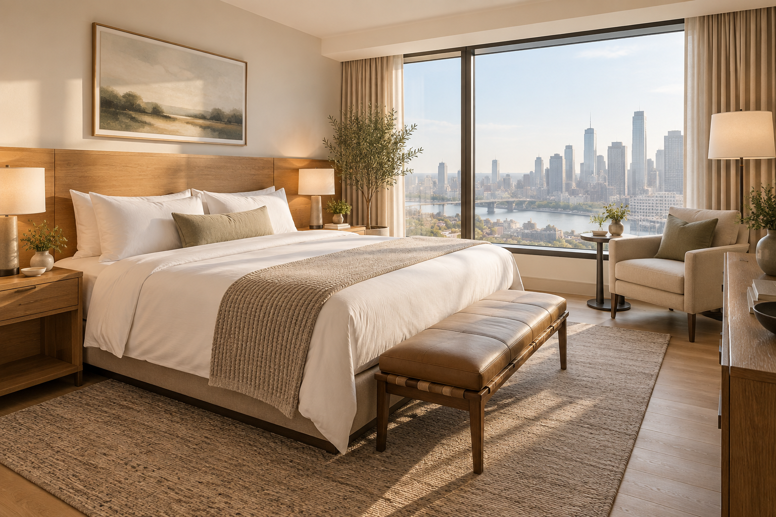 Illustrative hotel room with a king bed, warm wood furnishings, and a city-view window